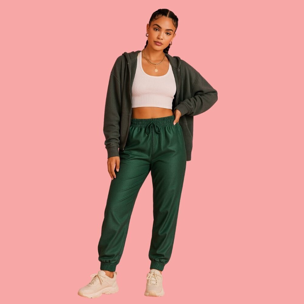 🌿 Jolt Forest Green Satin Joggers – Size S | Stretchy & Sleek Lounge Pants 🌿